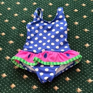 Florence Eiseman Royal Blue Polka Dot One-Piece with Pink and Green Ruffle